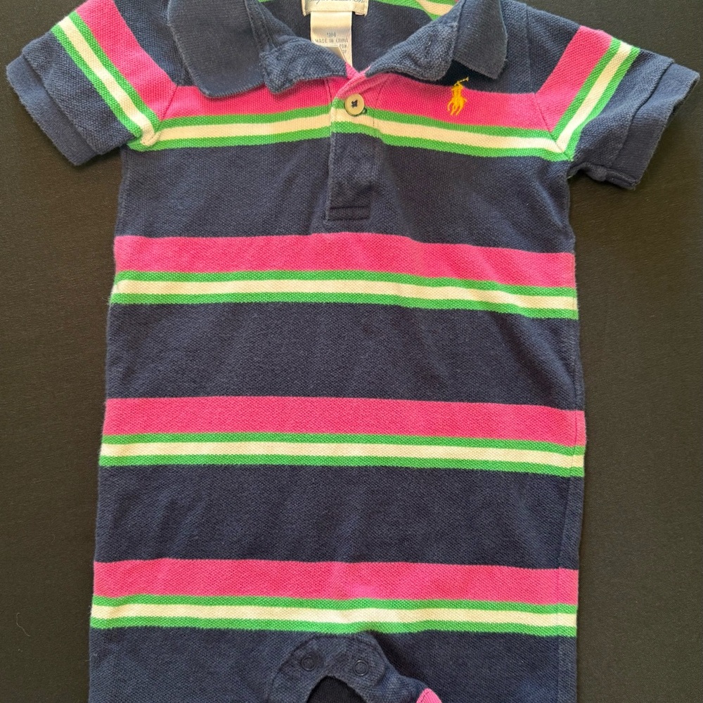 Polo Ralph Lauren Baby Romper - Navy with Pink and Green Stripes 9 Months